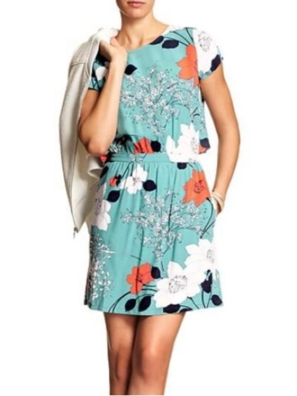 Banana Republic Teal Floral Short-Sleeve Dress with Orange & White Blooms